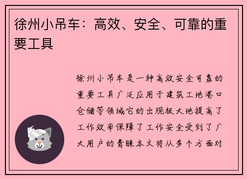 徐州小吊车：高效、安全、可靠的重要工具