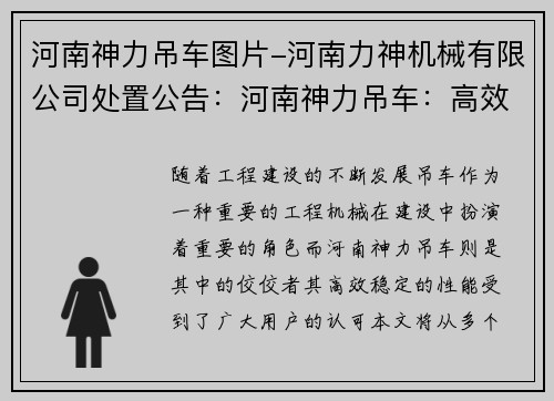 河南神力吊车图片-河南力神机械有限公司处置公告：河南神力吊车：高效稳定的工程利器